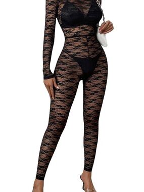 Sheer Black Lace Long-Sleeve Bodysuit Jumpsuit